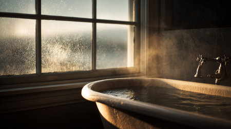 Captivating bathroom scene featuring a vintage bathtub filled with water, sunlight streaming through a steamed window, evoking feelings of relaxation and tranquility.の素材