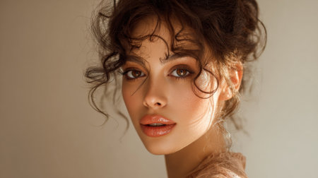 A stunning portrait of a young woman showcasing her curly hair and soft makeup against a neutral backdrop. The image exudes warmth, elegance, and beauty.の素材