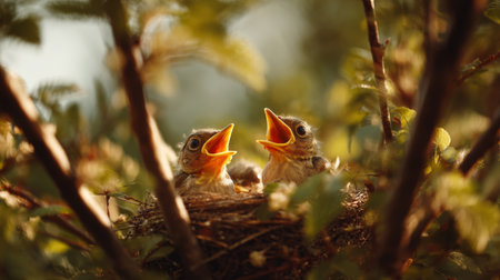 Two adorable baby birds with open beaks are nestled in their nest amid vibrant leaves, showcasing a heartwarming moment of wildlife in a serene spring atmosphere.の素材