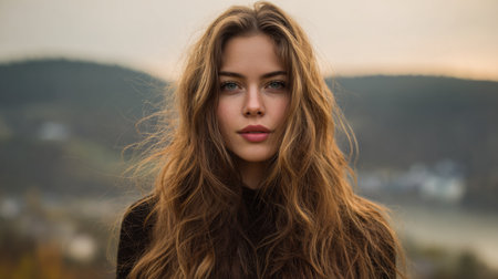 Young woman with long wavy hair stands gracefully in an outdoor setting, exuding beauty and calmness. The natural background enhances her captivating gaze and serene expression.の素材