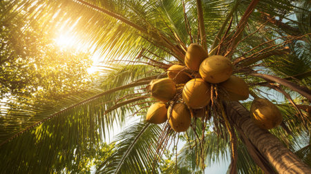 A stunning view of a coconut palm tree illuminated by warm sunlight, showcasing ripe coconuts hanging from vibrant green fronds. Ideal for tropical-themed imagery.の素材