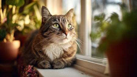 A serene portrait of a tabby cat resting on a windowsill, basking in sunlight with lush green plants nearby. This peaceful scene embodies comfort and tranquility.の素材