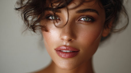 This stunning portrait features a young woman with curly hair and captivating green eyes. Her natural makeup enhances her radiant beauty, creating an enchanting expression.の素材