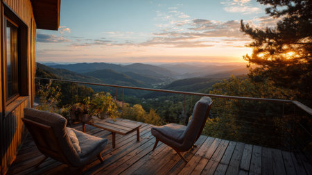 Experience the serene beauty of a mountain sunset from a cozy wooden deck. Enjoy relaxing chairs and a breathtaking horizon that captures the essence of tranquility.の素材