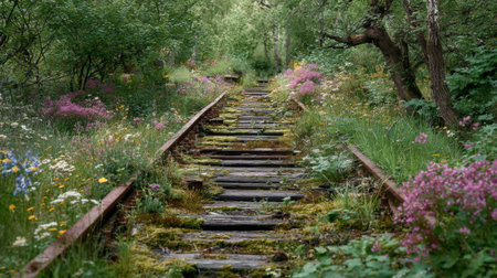 A serene view of overgrown railway tracks enveloped by vibrant wildflowers and lush greenery, showcasing the beauty of natureの素材