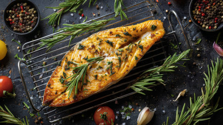 A beautifully grilled salmon fillet garnished with fresh herbs and surrounded by spices, tomatoes, and garlic, perfect for any culinary setting or food photography.の素材