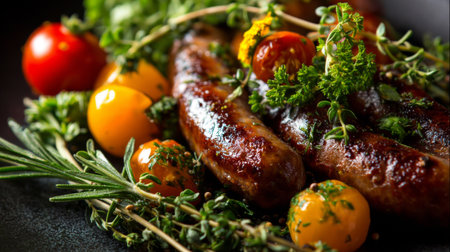 Capture the essence of outdoor grilling with this image of juicy sausages placed among fresh herbs and vibrant cherry tomatoes, perfect for any food lover.の素材