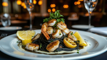 A beautifully plated gourmet shrimp pasta dish featuring black noodles, fresh lemon, and vibrant herbs, perfect for an elegant dining experience.の素材