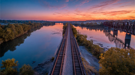 A captivating view of a river under a vibrant sunset, flanked by railroad tracks, showcasing the beautiful reflection in the still waters and colorful sky.の素材