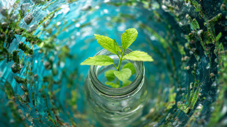 Discover a vibrant green plant sprouting from a glass bottle, captured in detail. This image symbolizes growth and sustainability, perfect for eco-friendly projects.の素材