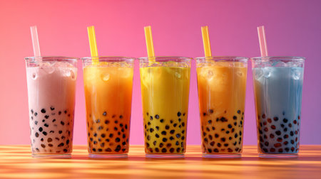 This vibrant image features an assortment of colorful bubble tea drinks in clear cups with straws, perfect for summer gatherings and refreshing moments.の素材