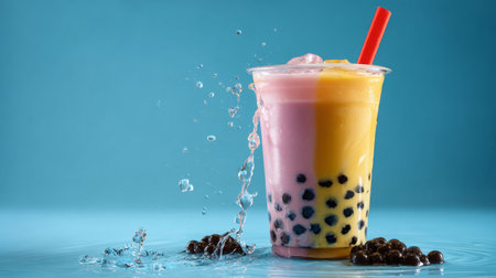 This enticing tapioca beverage features vibrant layers of flavor and a splash of liquid, evoking a sense of cool refreshment perfect for any occasion.の素材