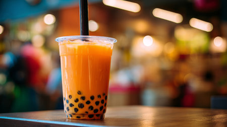 A vibrant bubble tea drink featuring tapioca pearls served in a clear plastic cup at a cozy cafの素材