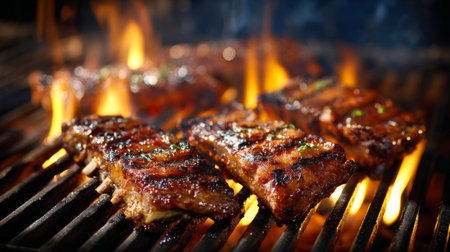 Close-up view of sizzling ribs on a barbecue grill, surrounded by flames and smoke, showcasing the deliciously grilled meat and aromatic herbs, perfect for summer gatherings.の素材