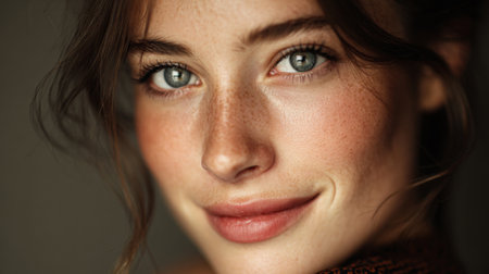 A close-up portrait showcasing a young woman with captivating blue eyes and beautiful freckles. The soft natural light enhances her elegant smile, creating a warm and inviting atmosphere.の素材