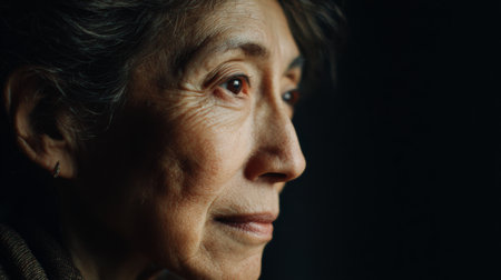 A close-up portrait of an older woman captures a moment of deep thought and reflection. The natural light accentuates her facial features and textures beautifully.の素材
