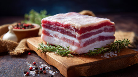 Raw pork belly sits on a rustic wooden board, beautifully arranged with herbs and spices, ideal for food photography and cooking inspiration in culinary arts.の素材