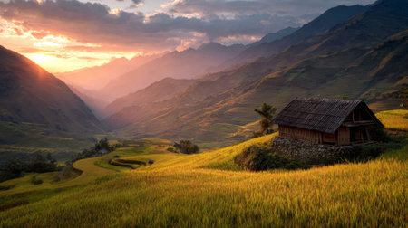 A breathtaking view of golden rice fields at sunset, framed by majestic mountains and a traditional wooden house, showcasing the charm of rural nature.の素材
