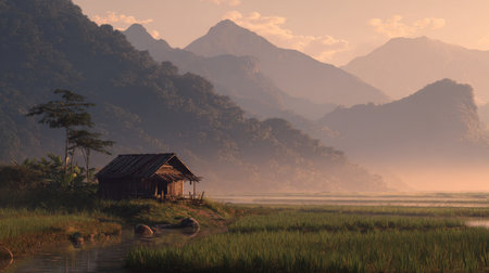 A tranquil landscape scene at dawn featuring a wooden cabin nestled in lush greenery, with majestic mountains illuminating under a soft orange sky, and serene water reflections.の素材