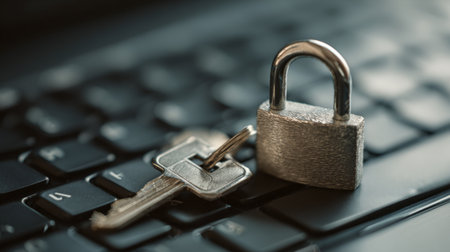 A detailed close-up image showcasing a silver padlock and a key resting on a black keyboard, emphasizing themes of online security, data protection, and digital safety.の素材