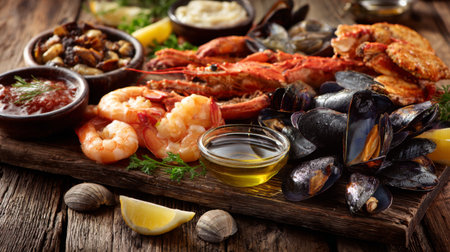 A beautifully arranged seafood platter featuring shrimp, mussels, and lobster served with olive oil and lemon on a rustic wooden table for a gourmet experience.の素材