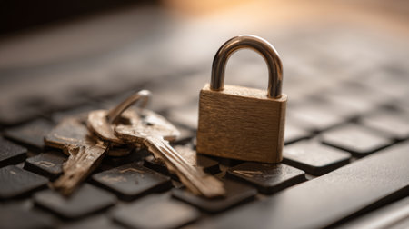 A detailed image featuring a metal padlock and a set of keys placed on a computer keyboard, highlighting themes of security and online privacy in a digital world.の素材