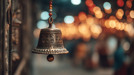A beautifully crafted temple bell hangs gracefully, surrounded by a dreamy bokeh of warm lights. This imagery captures the essence of spirituality and tranquility, inviting reflection.の素材