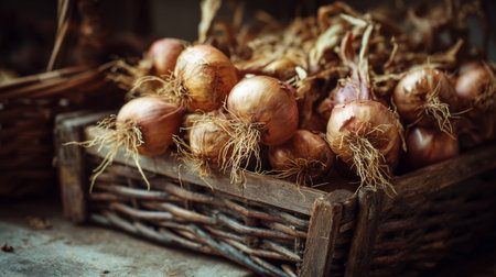 A collection of freshly harvested organic shallots resting in a rustic woven basket on a wooden surface, showcasing their natural beauty and earthy charm ideal for food photography.の素材