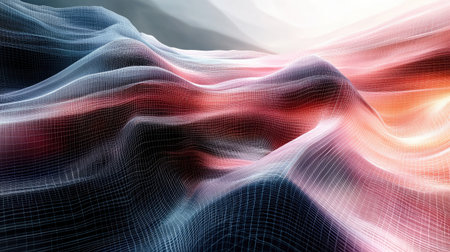Explore this captivating abstract imagery featuring a vibrant 3D wave design that blends light and color, perfect for modern backgrounds and digital art.の素材