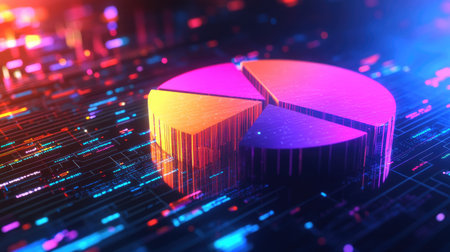 Vibrant and colorful pie chart graphic set against a digital background, ideal for business presentations and data analysis concepts in a modern technology context.の素材