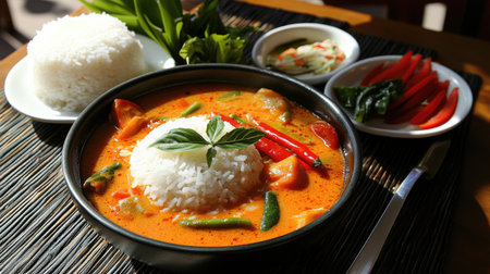 A vibrant and flavorful bowl of Thai curry served with steamed rice and fresh herbs. Perfect for food lovers seeking an authentic culinary experience.の素材