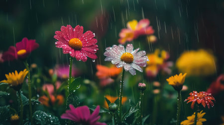 An enchanting scene of vibrant flowers illuminated by gentle rain, showcasing colorful petals adorned with dewdrops, creating a serene and refreshing nature experience.の素材
