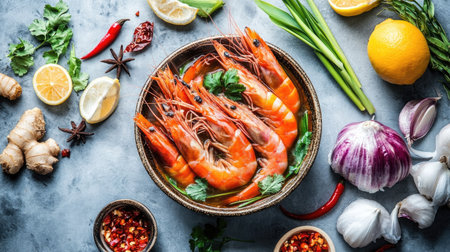 Vibrant display of fresh shrimp surrounded by colorful herbs, spices, and citrus fruits, perfect for a culinary inspiration or cooking concepts.の素材