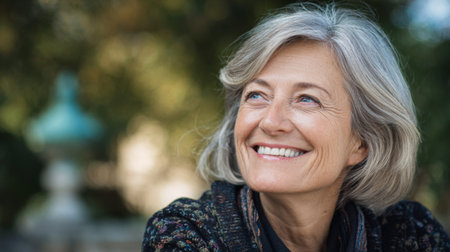 A cheerful senior woman with gray hair smiles brightly in a natural setting, radiating positivity and joy while enjoying a peaceful moment outdoors.の素材