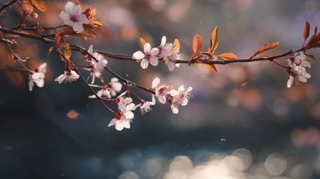 A captivating view of cherry blossoms in full bloom, featuring delicate white flowers and autumn leaves against a soft-focus backdrop of shimmering water, radiating tranquility.の素材