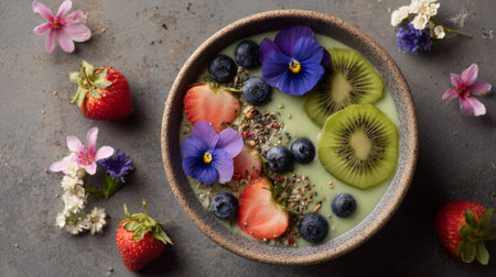 Bright and vibrant smoothie bowl filled with fresh fruits, berries, and edible flowers, presented on a rustic grey background, ideal for promoting healthy eating habits.の素材