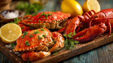 Indulge in a mouthwatering seafood platter featuring lobster and crab. This vibrant presentation is perfect for gourmet dining, showcasing fresh ingredients and flavors.の素材