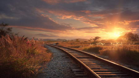 Experience the beauty of a serene sunset illuminating curving railway tracks passing through vibrant fields, offering a peaceful and tranquil wilderness escape.の素材