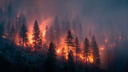 An intense wildfire engulfs a forest landscape, showcasing vibrant flames and thick smoke, highlighting the urgent issues of natural disasters and environmental impacts.の素材