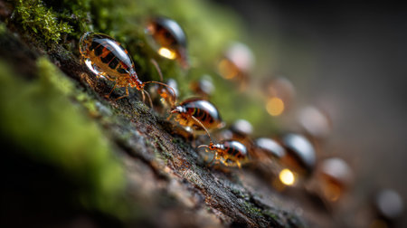 A stunning close-up photograph showcasing shiny insects delicately crawling on a log, surrounded by lush green moss, evoking a serene and vibrant natural environment.の素材