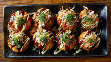 A tempting plate of fried takoyaki balls showcases Japanese culinary delight. Topped with mayo, rich sauce, bonito flakes, and green onions, perfect for sharing.の素材