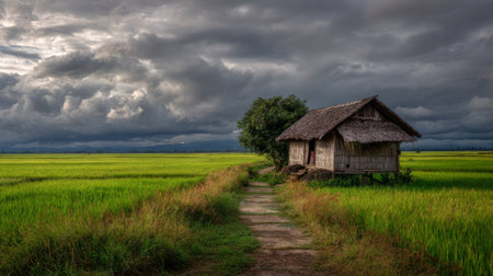 A serene image featuring a rustic house amidst flourishing rice paddy fields, with a dramatic sky filled with clouds, emphasizing the natural beauty of rural landscapes.の素材