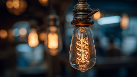 A captivating vintage light bulb exudes a warm glow, enhancing the rustic charm of a studio setting. Ideal for projects focused on design, ambiance, or creativity.の素材