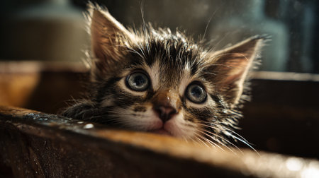 This heartwarming image features a young kitten gazing up curiously with captivating blue eyes from a rustic wooden box, radiating charm and innocence.の素材
