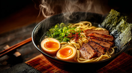 Experience the art of ramen with this bowl featuring tender pork slices, creamy soft-boiled eggs, bright green onions, and seaweed in steaming broth.の素材