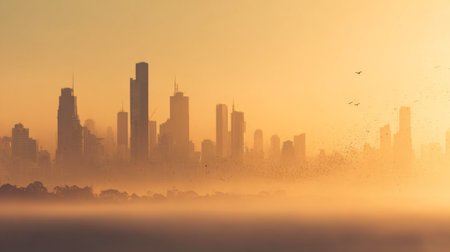 Experience the serene beauty of an urban skyline at sunrise, with silhouettes of towers emerging from a misty landscape bathed in a warm golden glow.の素材