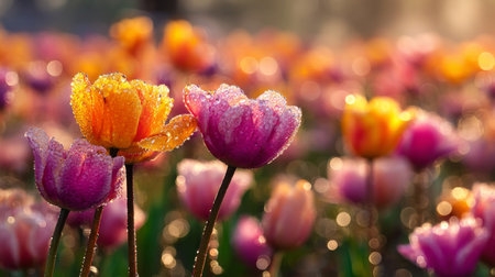 A stunning display of vibrant tulips adorned with morning dew, illuminated by soft sunlight. This enchanting flower field captures the beauty of nature in springtime.の素材