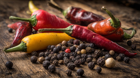 A vibrant collection of assorted chili peppers and whole peppercorns displayed on a rustic wooden surface, highlighting their colors and textures, perfect for culinary inspiration.の素材