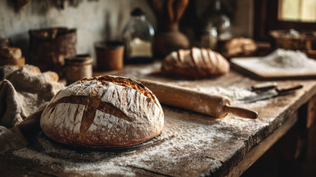 A charming rustic bakery scene featuring freshly baked artisan bread on a wooden table, surrounded by flour and baking tools, ideal for food lovers and culinary experts.の素材