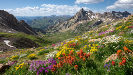 Stunning view of a mountain landscape featuring a vibrant array of wildflowers in a lush green valley, with magnificent peaks under a clear blue sky. Perfect for nature lovers.の素材